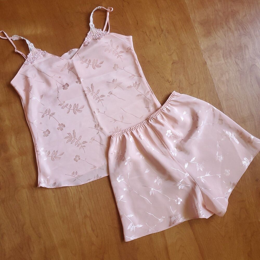 Satin Jacquard 2 Pc Pajama Set XXS Peach Pink Cami Shorts Lingerie Sleepwear